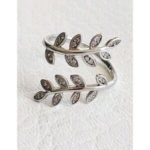 Vintage Adjustable Ring Size 9 Sterling 925 IBB CN Floral Vine Leaf Bi-Pass CZs